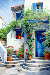 old house in mediterranean style with blue door and shutters