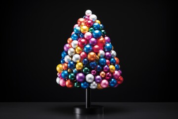 Christmas tree consisting of multi-colored small balls, dark background. Modern style