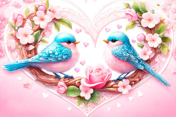 Happy valentine's greeting card, concept of love confession. A  couple of  very cute birds deep against a heart, cartoon character. Expression of tender feelings.