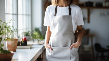 A woman in a kitchen apron. Chef work in the cuisine. Cook in uniform, protection apparel. Job in food service. Professional culinary. Green fabric apron, casual clothing. Baker. Generated AI - Powered by Adobe
