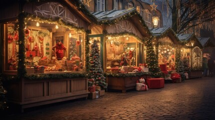 Photographic scene of Christmas market in an ancient European town.