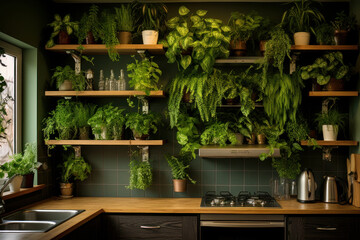 Modern kitchen. Vertical garden - wall design of green plants. Architecture, decor, eco concept