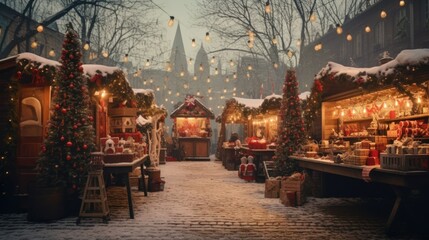 Photographic scene of Christmas market in an ancient European town.