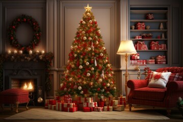 Cozy living room with decorated Christmas tree and fireplace.