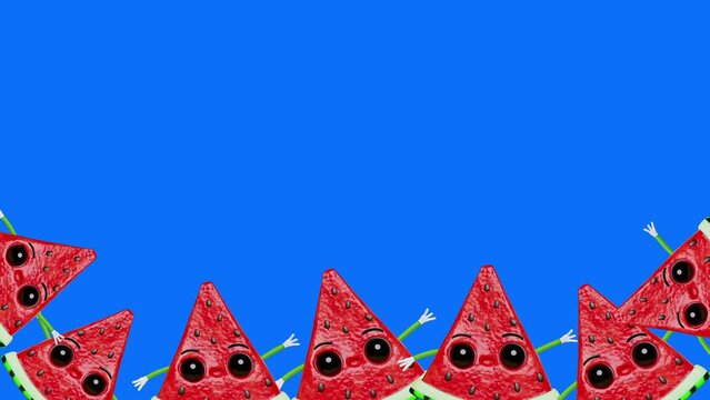 Cute dancing watermelon slices creative 3D character animation frame motion graphics 4K.blue screen chroma key background kids blog transition Summer vacation Funny fresh juicy fruit eyes hands trendy