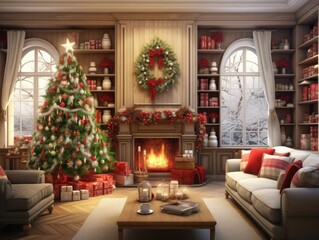 Fototapeta na wymiar Cozy living room with decorated Christmas tree and fireplace.