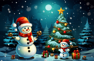 illustration of clipart christmas with cartoon snowmen and christmas tree
