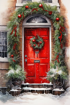 christmas wreath on a red door