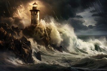 Lighthouse on a cliff during a storm