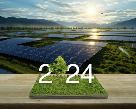 2024 white text with growing tree on green grass on open book on wooden table over solar photovoltaics farm located on mountain and sunrise, Happy new year 2024 green ecology and saving energy concept