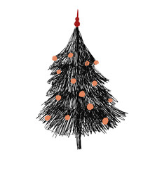 Hand-drawn vector black pen Christmas tree with orange red toys. Christmas tree made of graphic lines with decorations. Isolated element on a white background. Design element of postcards, prints