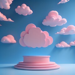 podium 3d render mock up isolate montage photo with blue sky and pink clouds product display stand made with Generative AI