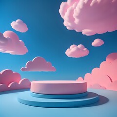 podium 3d render mock up isolate montage photo with blue sky and pink clouds product display stand made with Generative AI
