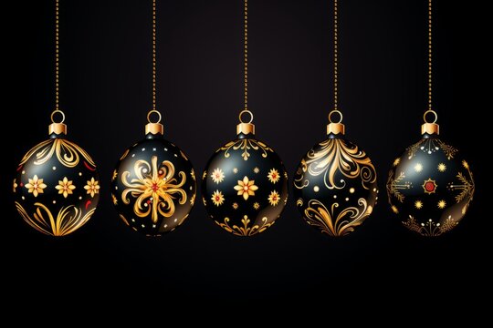 Christmas pattern, background of  black christmas balls with gold painted ornaments