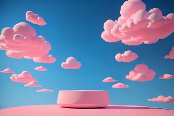 podium 3d render mock up isolate montage photo with blue sky and pink clouds product display stand made with Generative AI