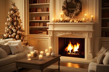 cozy light interior decorated with Christmas garlands, candles, burning fireplace,.Christmas tree