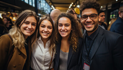 Obraz premium Group of young business people in smart casual wear standing together and smiling.