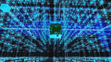 A holographic-style 3D illustration of blockchain with a dark background and a wide camera angle.