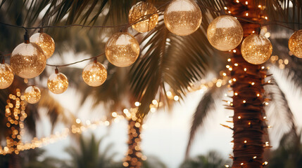 exotic tropical Christmas concept: palm trees close up with light garlands and golden baubles.