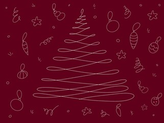 New Year tree in continuous line art drawing style. Christmas tree with decorations on burgundy or dark red background. Minimalist white linear design isolated. 
