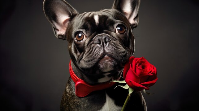 Romantic background cute french bulldog puppy with tie bow and one red rose at the dark background.