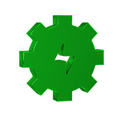 Green Gear and lightning icon isolated on transparent background. Electric power. Lightning bolt sign.