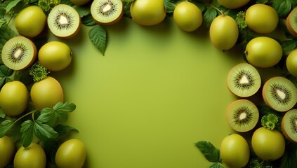 Green kiwi fruit and green leaves on green background with copy space