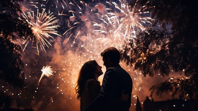 Romantic New Year's background depicts the silhouettes of a young couple reveling in fireworks against the backdrop of a stunning city sky.