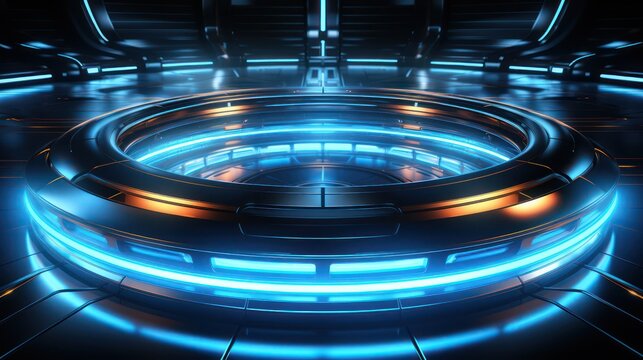 A modern futuristic podium from the future, a product display banner with a technology theme featuring blue colors and a speed effect background.