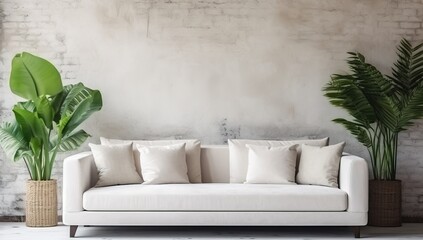 Modern Minimalist Living Room with White Sofa and Indoor Plants