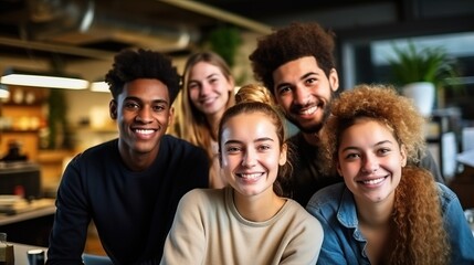 Obraz premium Portrait of smiling multiethnic group of friends looking at camera in cafe