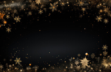 Fototapeta na wymiar A background for a Merry Christmas card with gold snowflakes on a black background, Generative AI
