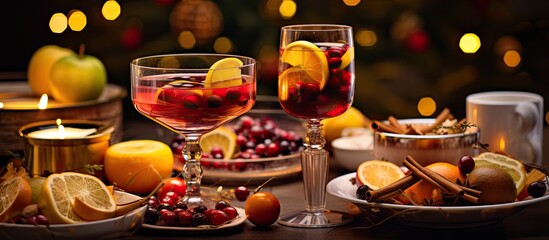In the background of a cozy winter party a table adorned with autumn fruits and star shaped tea light candles is set with glasses of red wine and refreshing cocktails made with apple orange - obrazy, fototapety, plakaty