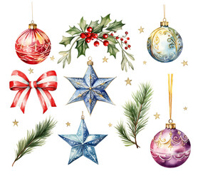 Set of Christmas balls and stars decorations watercolor vector illustration,set of christmas elements,festival set,new year,easter,Festive Accents,happiness,Children's Day