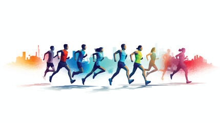 Colorful vector illustration of people running on white background. - obrazy, fototapety, plakaty