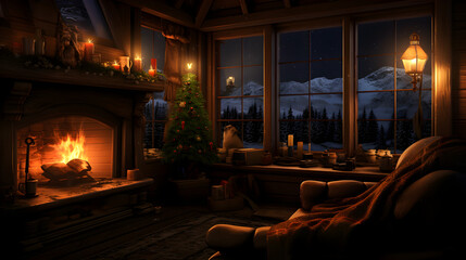 Christmas tree in a wooden cabin in winter.