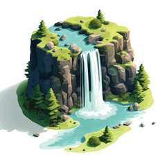 Vector illustration, isometric view of waterfall on white background. - obrazy, fototapety, plakaty