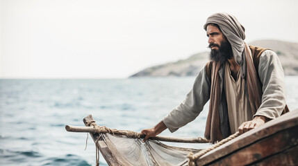 Portrait of a apostle of Jesus casting a fishing net from his boat. New testament concept. - obrazy, fototapety, plakaty