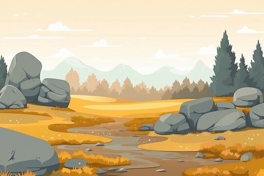 Paysage de dessin anim&eacute; avec des arbres d'herbe et des rochers vides
