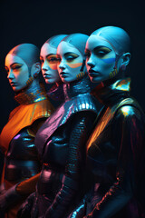 Four young beautiful women in futuristic costumes. Fashion of future concept.