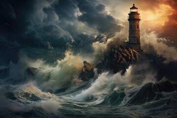 Lighthouse on a cliff during a storm - obrazy, fototapety, plakaty