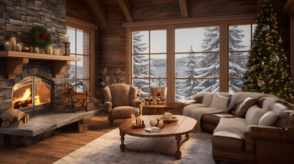 Fototapeta premium Wooden rustic cabin decorated for Christmas holidays.