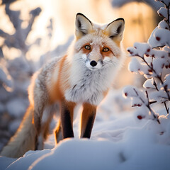 Obraz premium Winter red fox staring at the camera in the snow