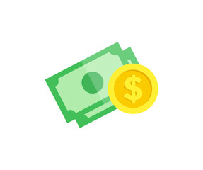 Golden coin and green dollar banknotes icon. Currency stack for prosperity business, investment vector design and illustration.

