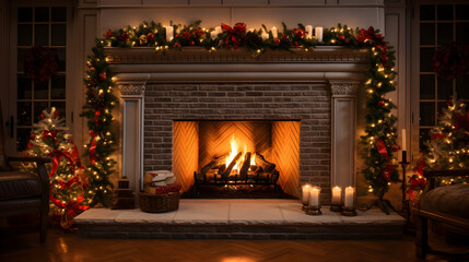Christmas eve fireplace scene in a cozy room ambiance.