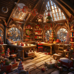 Wooden rustic cabin decorated for Christmas holidays.
