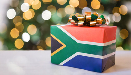Christmas concept. Gift box as a South African flag. Generative AI