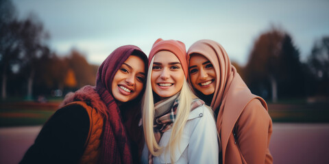 portrait of smiling young friends of different ethnic - diversity and inclusion concept - obrazy, fototapety, plakaty