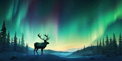 The silhouette of a lone reindeer against the backdrop of the northern lights , concept of Solitude