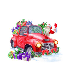 Watercolor Santa Claus in the red truck with Christmas tree, gifts , on snow and white background Christmas card